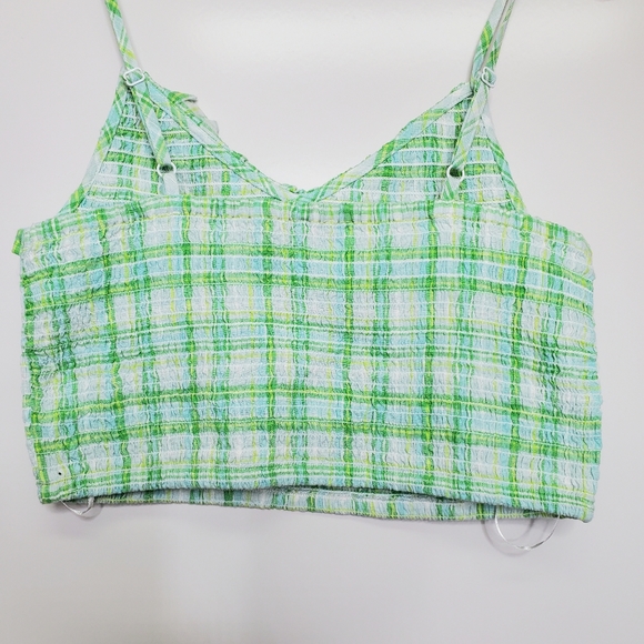 COTTON ON Plaid Green Crop Shirred Top Blouse Cotton Ruffle Size Medium Summer - Picture 3 of 8